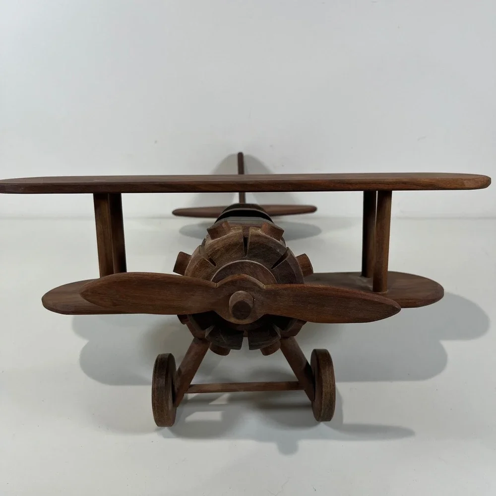 Vtg Wood Biplane Model Airplane Handcrafted Wood Decor Aviator MCM Collectible